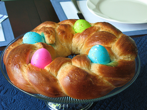 Braided Easter bread with a golden, twisted loaf design