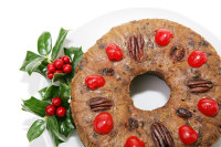 Golden Alaskan sourdough fruitcake with dried fruit and rich, moist texture