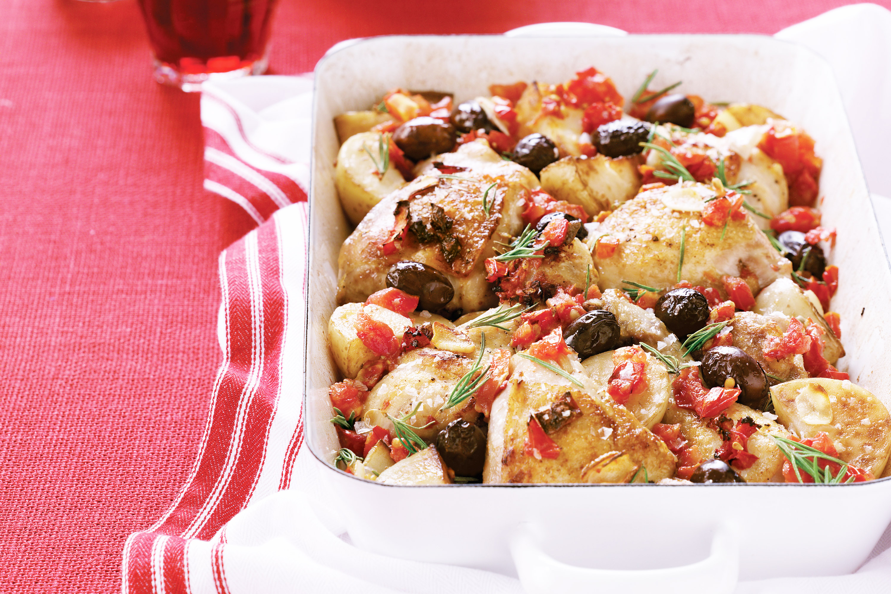 Mediterranean chicken bake with herbs and roasted vegetables