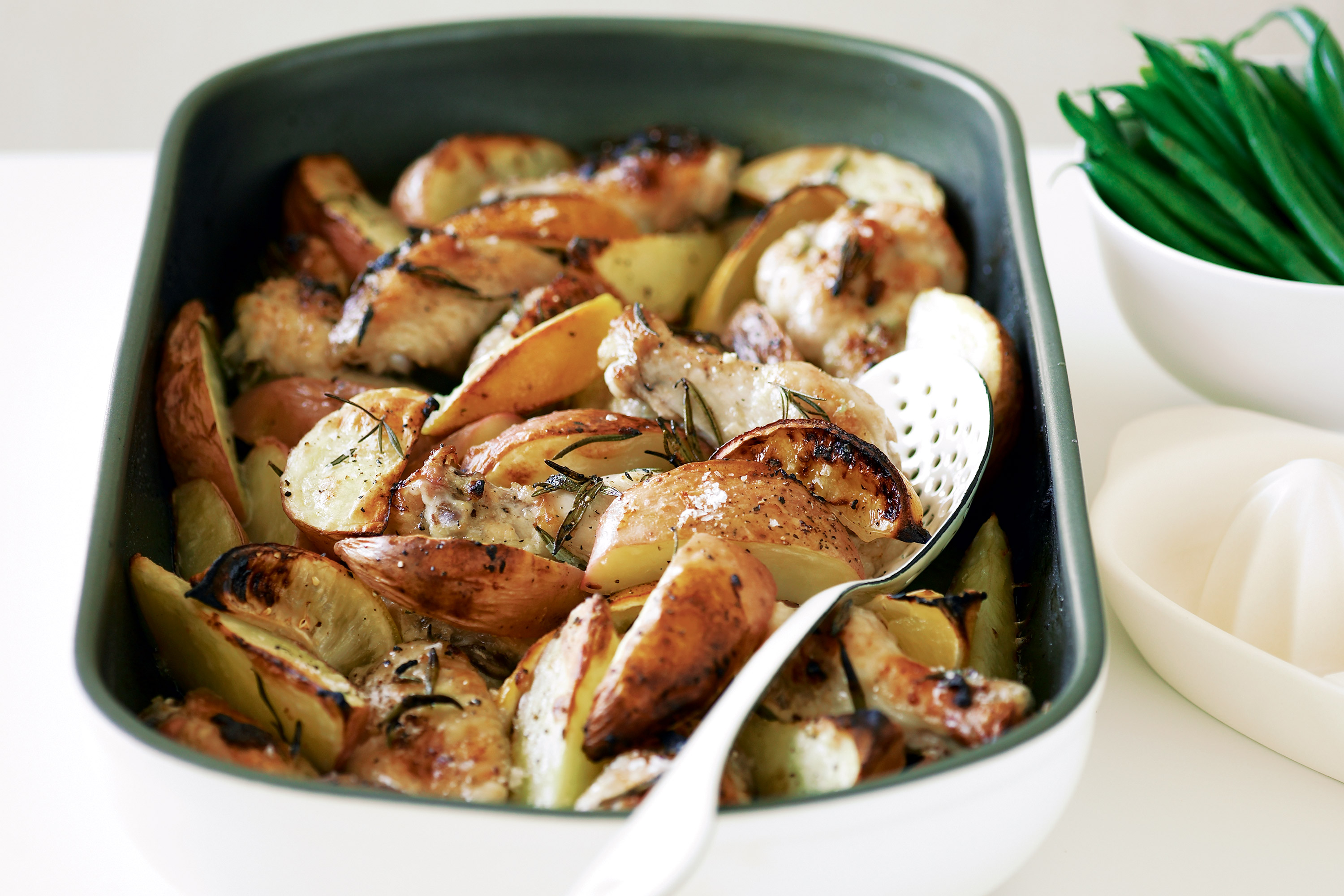 Roast lemon chicken with crispy golden skin and juicy citrus-infused meat
