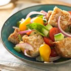 Whole Grain Panzanella Bread Salad with tomatoes, cucumbers, and crusty bread cubes